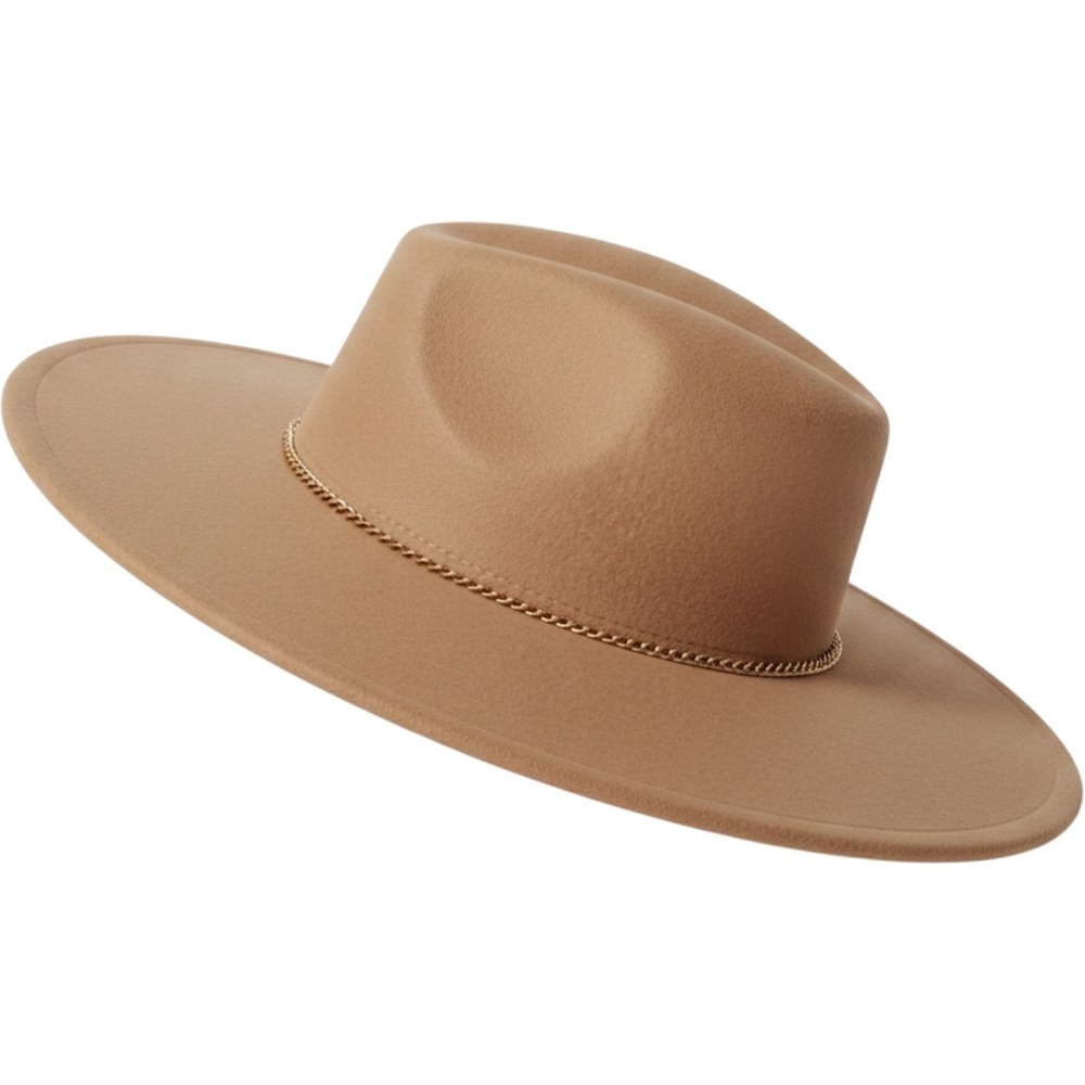 CC New York Camel Tan Wide Brim Fedora Hat Gold Chain Accent Adjustable Felt
